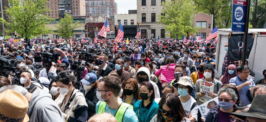 A diverse group in Queens rallied against anti-Asian hate crimes on May 2.