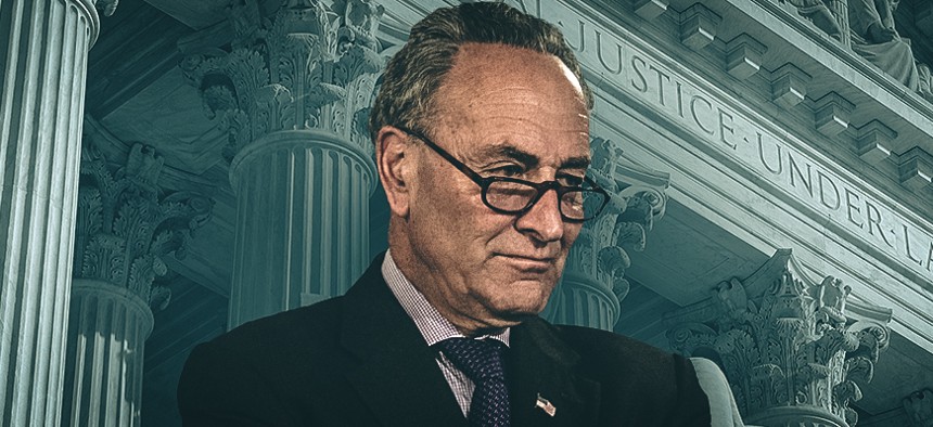 Charles Schumer superimposed on a court house