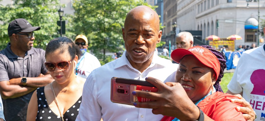 Eric Adams at the Hometown Heroes ticker tape parade on July 7.