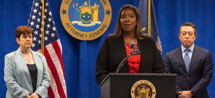State Attorney General Letitia James, with investigators Anne Clark (left) and Joon Kim (right), announcing the findings of an investigation into sexual harassment by Gov. Andrew Cuomo.