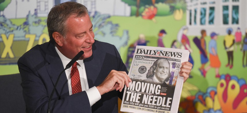 Bill de Blasio at a media availability at Bronx Borough Hall.