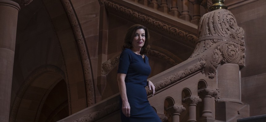 Lt. Gov. Kathy Hochul on the Million Dollar Staircase at the state Capitol in Albany.