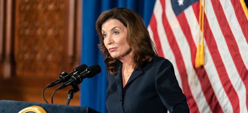 Kathy Hochul addressing the people of New York on August 11.