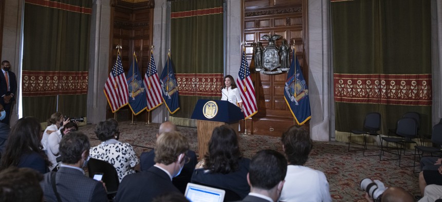 Gov. Kathy Hochul speaks after being sworn in.