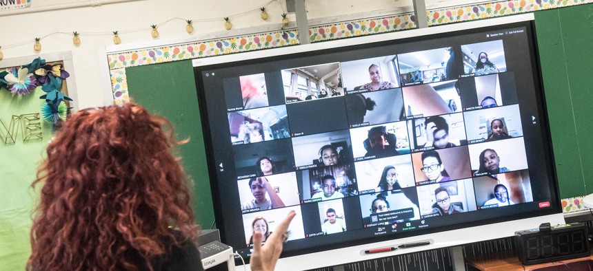 Students learning remotely at One World Middle School in the Bronx.