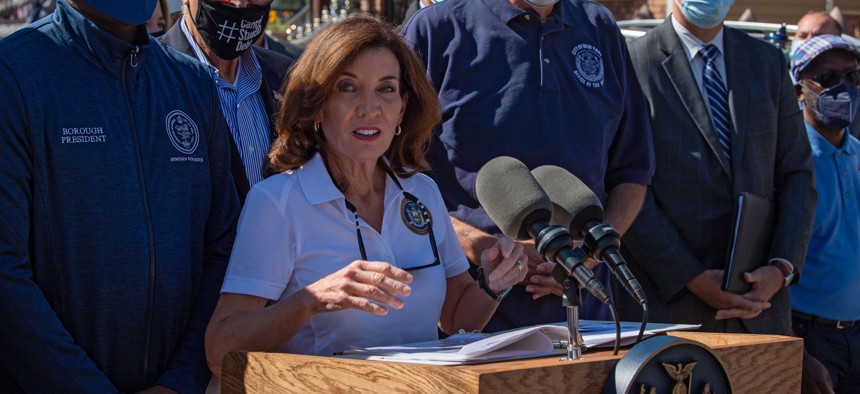 Gov. Kathy Hochul  at a  press conference in Queens discussing the impact of Hurricane Ida.