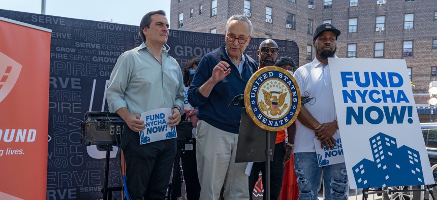 Sen. Charles Schumer makes his case for doubling the amount for public housing in President Joe Biden’s American Jobs Plan to $80 billion.