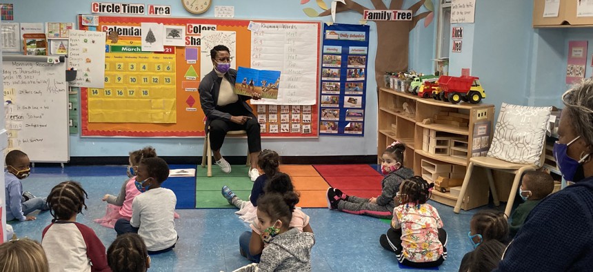 Melisha Jackman with students at BKS’s Edwards I. Cleveland Center in Crown Heights, Brooklyn. Photo by Myrtle Charles.