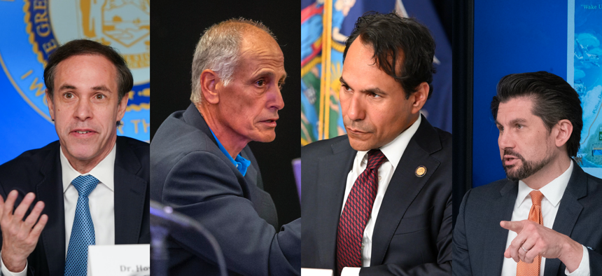 On the left: Former state Health Commissioner Howard Zucker and former MTA board member Larry Schwartz. On the right: Budget Director Robert Mujica and SUNY Chancellor Jim Malatras.