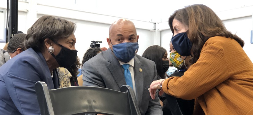 Stewart-Cousins, Heastie and Hochul, talking before Harris' speech.