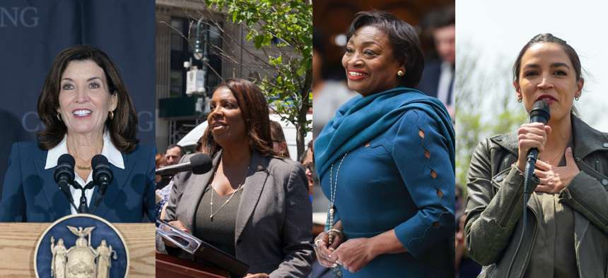 Gov. Kathy Hochul, New York State Attorney General Letitia James, State Senate Majority Leader Andrea Stewart-Cousins, and Congresswoman Alexandria Ocasio-Cortez