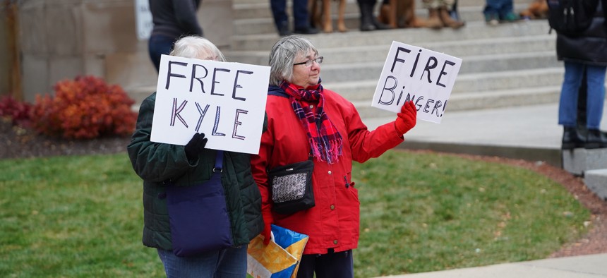 Supporters of Kyle Rittenhouse outside the courthouse.