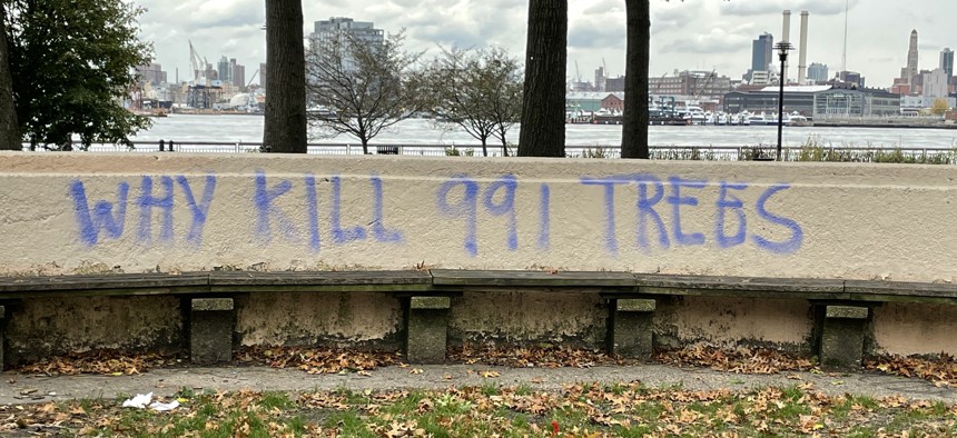 Protest graffiti at the East River Park.