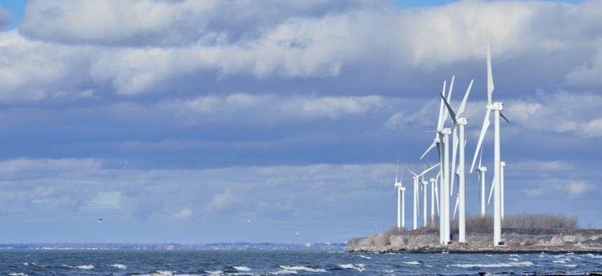 Windmills along the shore of Lake Erie near Buffalo.