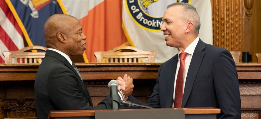 Mayor-elect Eric Adams congratulating Louis Molina as his pick for Department of Correction Commissioner