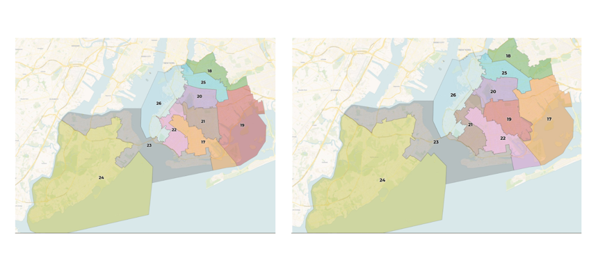 The competing redistricting maps: Republican on the left and Democrat on the right.