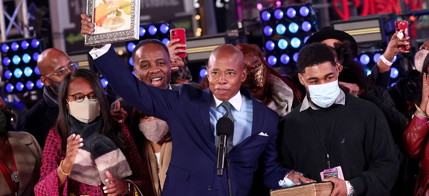 Eric Adams during his swearing in in Times Square right after the ball drop.