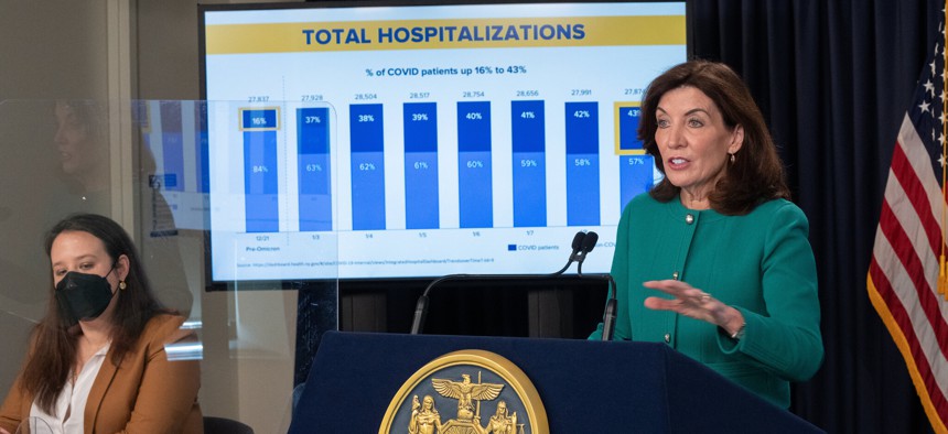  Gov. Kathy Hochul announced that New York could be “cresting over the peak” of the state’s omicron surge.
