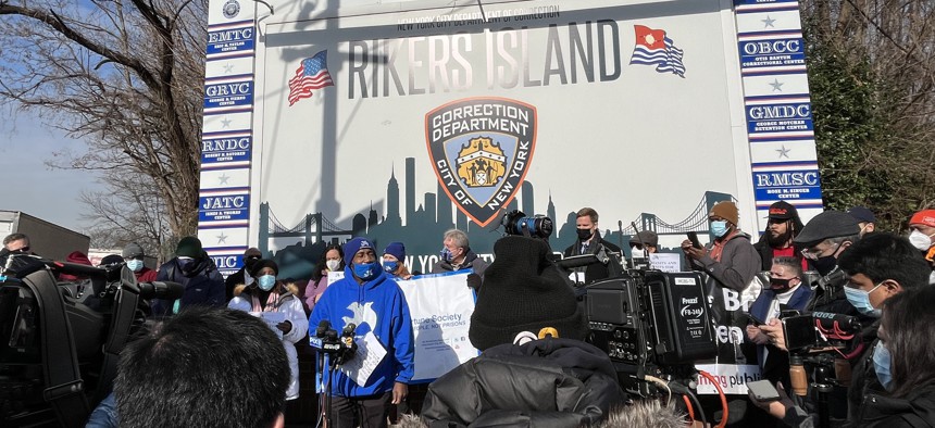 Andre Ward, Associate VP of the David Rothenberg Center for Public Policy at The Fortune Society speaks at a rally outside Rikers Island Thursday in support of detainees who are on a hunger strike.