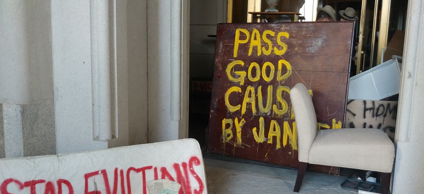 Tenant advocates wrote their messages on furniture.