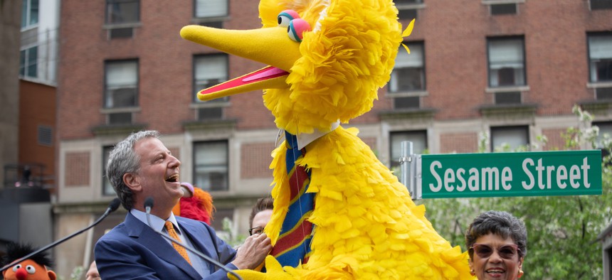 Mayor de Blasio delivers remarks at the street renaming ceremony in honor of the 50th anniversary of Sesame Street at 63rd Street and Broadway in Manhattan, New York Wednesday May 1, 2019.