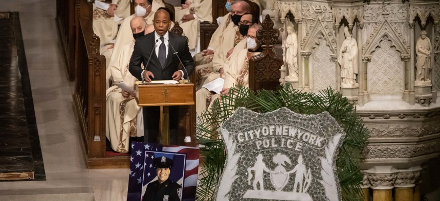 Eric Adams at the funeral of Jason Rivera.