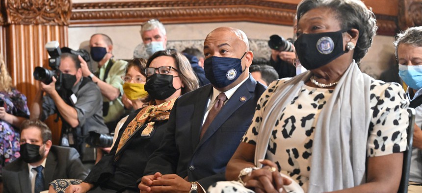 Assembly Speaker Carl Heastie and Senate Majority Leader Andrea-Stewart Cousins.