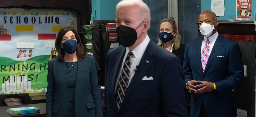 President Joe Biden at P.S. 111 in Queens with Gov. Kathy Hochul, Mayor Eric Adams, and Queens District Attorney Melinda Katz.