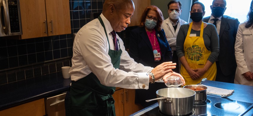 Eric Adams leading a plant-based cooking demo on Feb. 7.