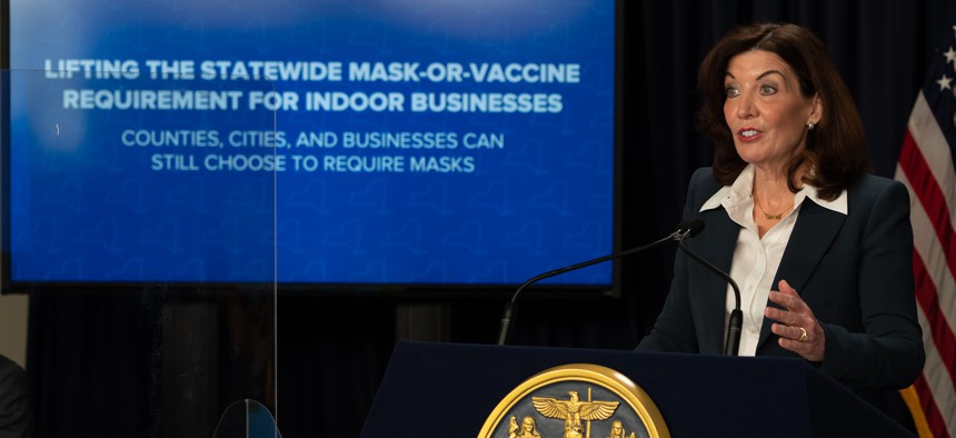  Gov. Kathy Hochul announced the end of the statewide mask or vax mandate.