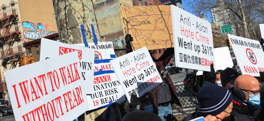 A rally protesting violence against Asian-Americans at Sara D. Roosevelt Park in New York City on Feb. 14, 2022. 