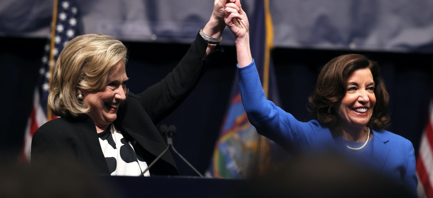 Hillary Clinton and Gov. Kathy Hochul at the Democratic state convention on Feb. 17.