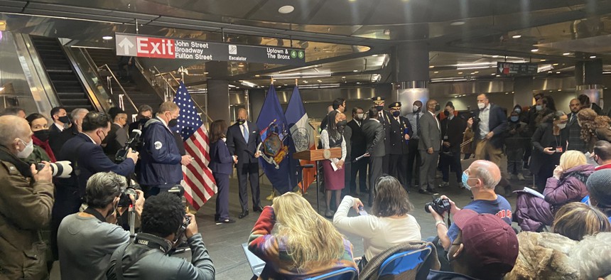Eric Adams and Gov. Kathy Hochul unveiling their new subway homelessness plan on Feb. 18.