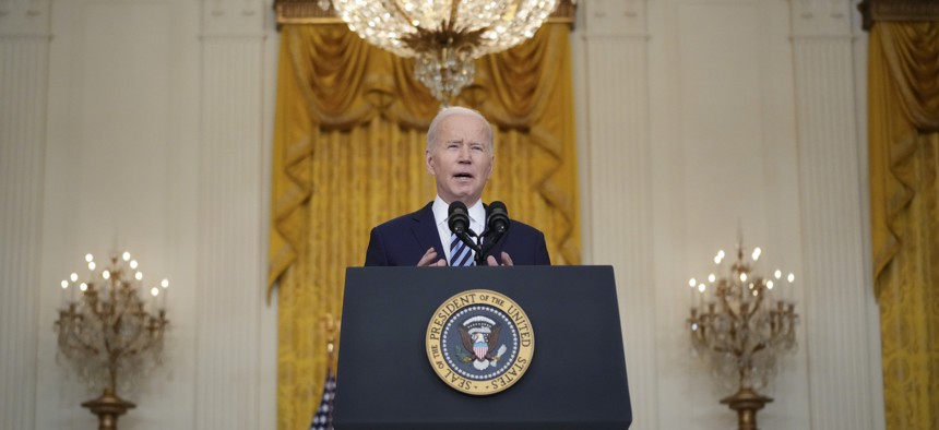 President Biden delivering remarks on Russia's invasion of Ukraine on Feb. 24.