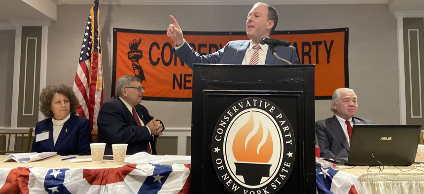 Gubernatorial candidate Rep. Lee Zeldin speaks Saturday at the Conservative Party convention in Westchester.