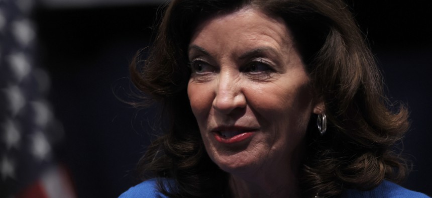 New York Gov. Kathy Hochul speaks during the 2022 New York State Democratic Convention at the Sheraton New York Times Square Hotel on February 17, 2022 in New York City.