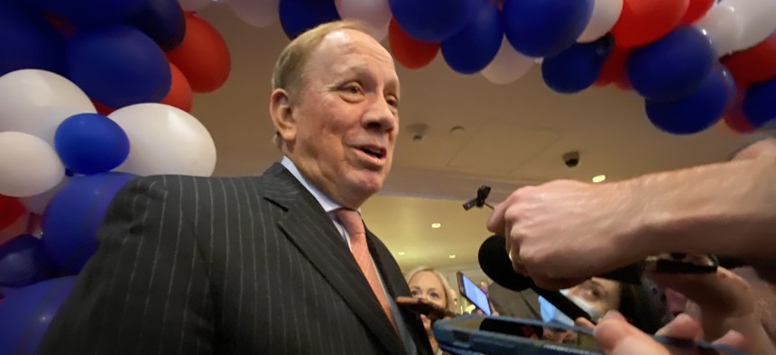 Former Republican Gov. George Pataki speaks to reporter’s Monday at the GOP state convention in Nassau County.