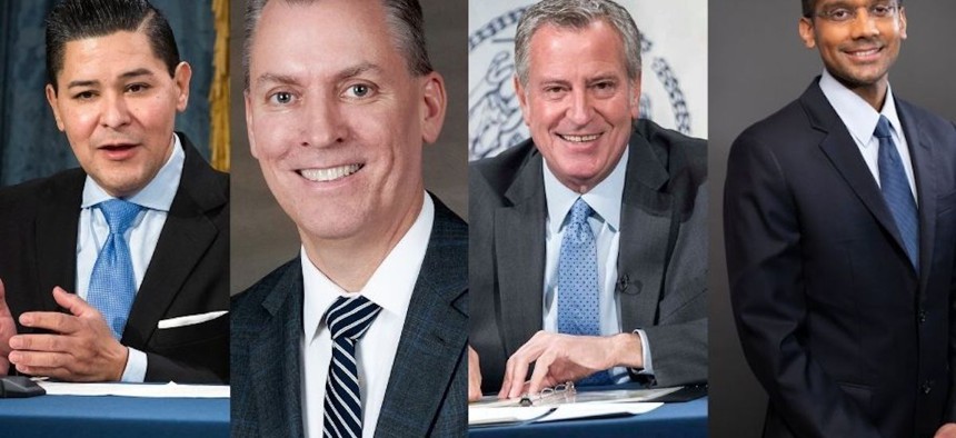 Left to right: Richard Carranza, Dermot Shea, Bill de Blasio, and Dave Chokshi - all former or outgoing city officials.