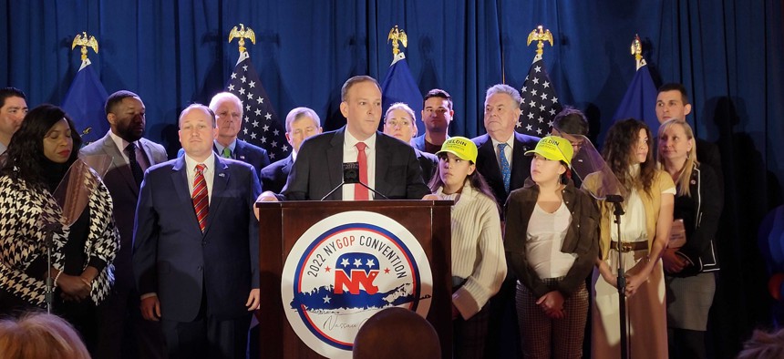 Rep. Zeldin accepting the backing of the state Republican Party on March 1. 