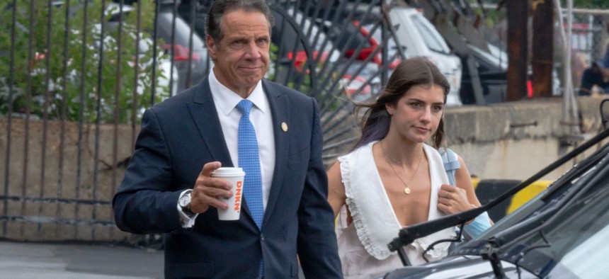 Former Gov. Andrew Cuomo and his daughter at the Eastside Heliport after Cuomo announced his resignation in August 2021.