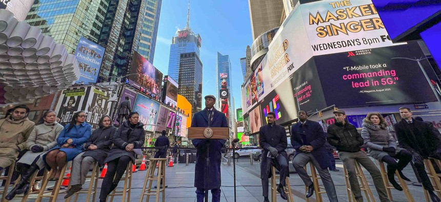 Eric Adams in Times Square announcing the change in COVID-19 policies.