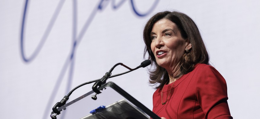 Gov. Kathy Hochul speaks at the 11th annual Minority-and Women-Owned Business Enterprise Forum.