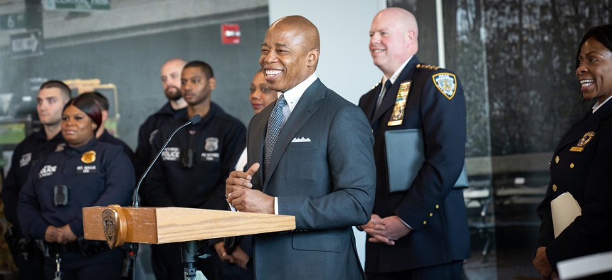 Eric Adams delivering remarks at a training for one of NYPD's new new Neighborhood Safety Teams. 