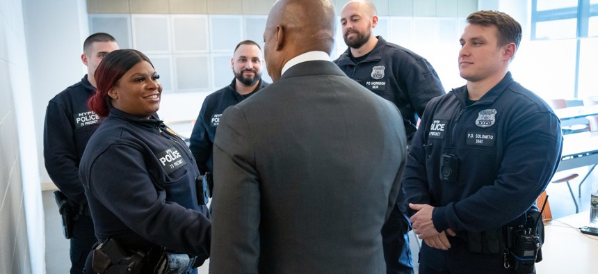 Eric Adams speaking to one of the new NYPD Neighborhood Safety teams.