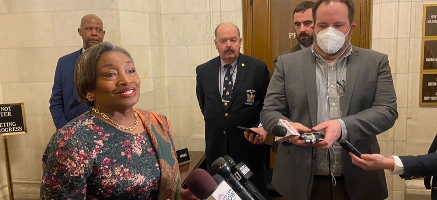 State Senate Majority Leader Andrea Stewart-Cousins spoke to reporters about state budget negotiations at the Capitol in Albany Wednesday.