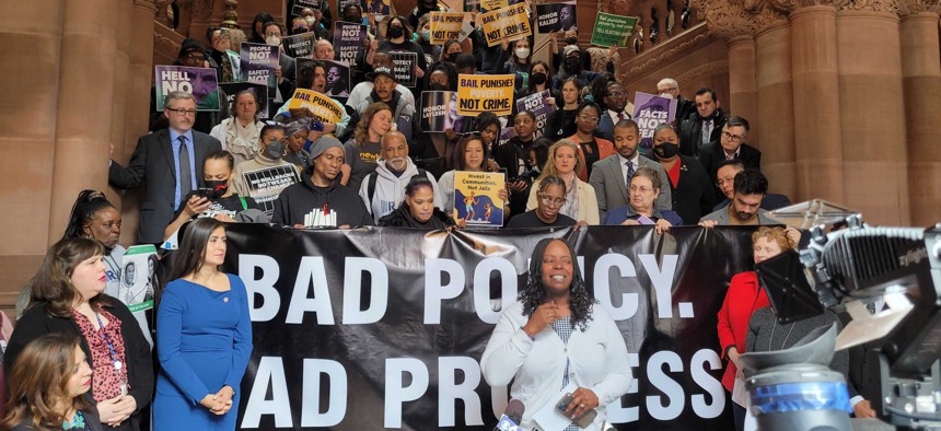 Assembly Member Latrice Walker speaking at a bail reform rally in Albany on March 28.