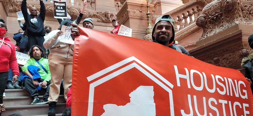 A housing justice rally in Albany on March 29. 