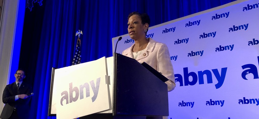 New York City Council Speaker Adrienne Adams speaking at ABNY on March 30.