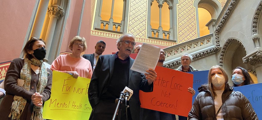 Harvey Rosenthal, executive director of the New York Association of Psychiatric Rehabilitation Services, speaks at a March 29 rally in the Capitol opposing proposed changes to Kendra’s Law.