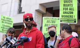President of the Amazon Labor Union Chris Smalls speaks to the press after the ALU's victory on April 1.
